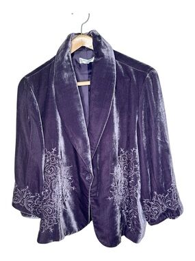 Coldwater Creek Velvet Blazer Size 2X Purple Tonal Embroidery Fairy Boho